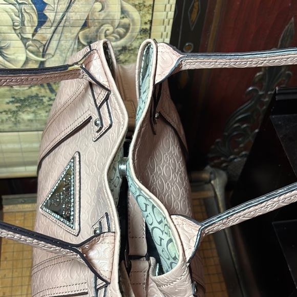 GUESS Soft Dusty Pink Tote Bag Silver Triangle Rhinestones 15.5”Lx9.5”Hx6.5”W - Picture 10 of 17